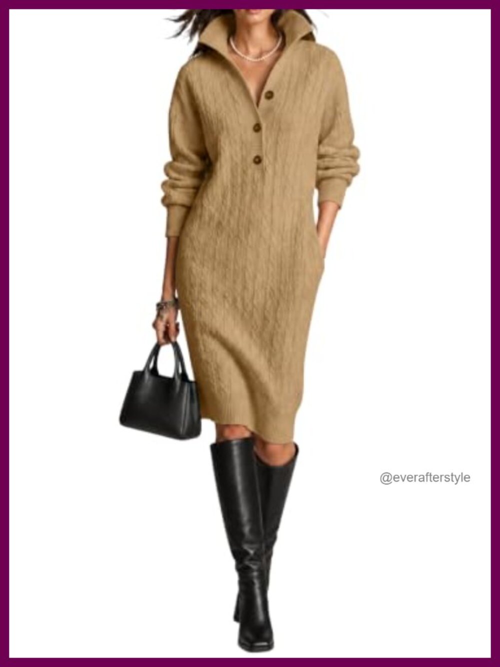 Cable Knit Sweater Dress Long Sleeve V-Neck Midi Work Dress
